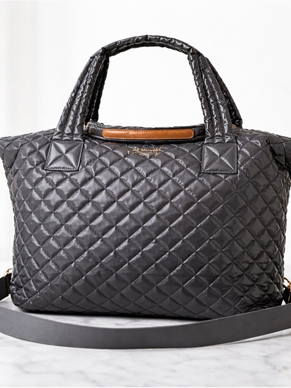 MZ Wallace Medium Sutton Deluxe Graphite Gray Quilted Nylon Satchel Crossbody